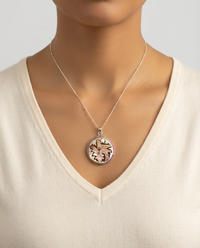 Victorian Carved Shell Bird Button with Tourmaline Stone set in Sterling Silver accent with Sterling silver Chain — worn on model
