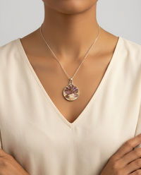 Victorian Carved Shell Button w/ Tourmaline Stone Center set in Sterling Silver with Stlering Silver Chain — worn on model