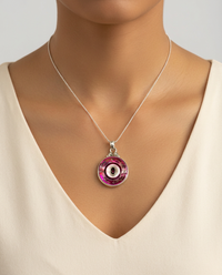 Victorian Tinted Carved Pearl Button w/ Garnet Center set in Sterling Silver — worn on model
