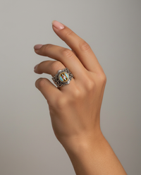 Victorian Enamel Button Set in Sterling  Filigree Silver Ring Size 7.5 — worn on model
