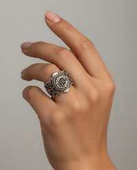 Victorian Czech Glass Button Set in Sterling  Filigree Silver Ring Size 7.5 — worn on model