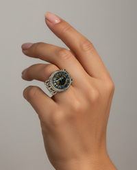 Victorian Czech Glass Button Set in Sterling  Filigree Silver Ring Size 7 — worn on model