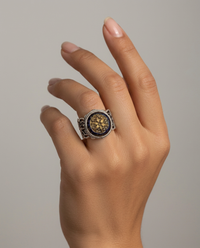 Victorian Czech Glass Button Set in Sterling  Filigree Silver Ring Size 7 — worn on model