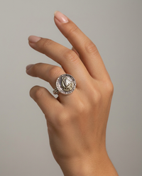 Victorian Carved Pearl Shell Button with Boat Center set in Sterling Silver Ring Setting Size 7 — worn on model