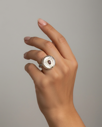 Victorian Carved Tinted Shell Pearl Button With Garnet Center set in Sterling Silver Ring Design Size 7 — worn on model