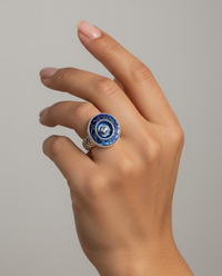 Victorian Carved Tinted Shell Pearl Button With  Topaz Center set in Sterling Silver Ring Design Size 7 — worn on model