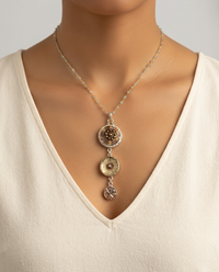 Victorian Three Button Drop Glass and Shell Buttons Set in Sterling Silver w.Labradorite Stone Rosary Accent — worn on model