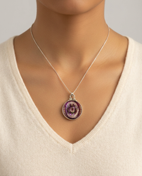 Victorian Carved Tinted Shell Button w/ Garnet Center set in Sterling Silver W/ Sterling silver chain — worn on model