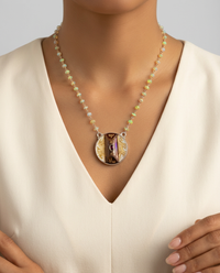 Victorian Carved Pearl w/ Garnet Center set in Sterling Silver w/ Ethiopian Opal Stone Rosary Accent — worn on model