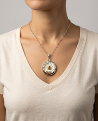 Victorian Carved Pearl w/ Tourmaline Center set in Sterling Silver w/ Labradorite Stone Rosary Accent — worn on model