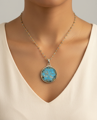 Victorian Czech Republic Robins Egg Blue Glass set in Sterling Silver W/ Labradorite Stone Rosary — worn on model