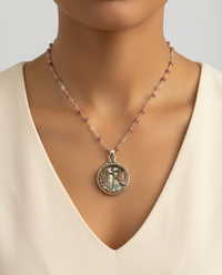 Victorian Carved Shell Ornate Button set in Sterling Silver w/ Tourmaline Stone Rosary Accent — worn on model