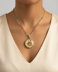 Handpainted Satsuma Antique Button Two Children set in Sterling Silver w/ Tourmaline Rosary Stone Accent — worn on model