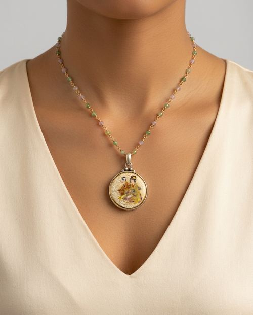 Handpainted Satsuma Antique Button Two Children set in Sterling Silver w/ Tourmaline Rosary Stone Accent — worn on model