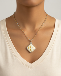 Victorian Hand Painted Fleur Du Lys Enamel set in Sterling Silver w/ Labradorite Facet Rosary Accent — worn on model