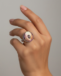 Victorian Tinted Carved Shell Image of Women w/Tourmaline Center Set in Sterling Silver Ring Size 8.5 — worn on model