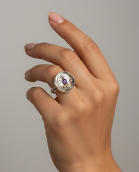 Victorian Carved Shell Button w/Amethyst Center set in Sterling Silver Size 8 — worn on model