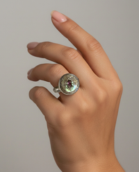 Victorian Carved Shell Button w/Tourmaline Center set in Sterling Silver Size 7.5 — worn on model