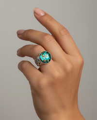 Victorian Ornate Glass Button set in Sterling Silver Ring Size 7 — worn on model