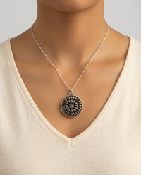 Victorian Luster Czech Glass Button set in Sterling Silver Pendant w/Sterling Silver  Necklace — worn on model