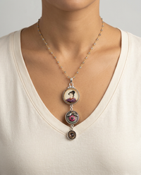 Victorian Three Button Drop Necklace  set in Sterling Silver Pendant w/ labradorite Stone necklace — worn on model