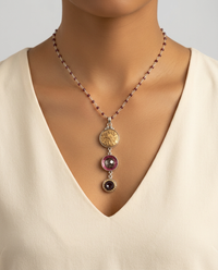 Victorian Three Button Drop Necklace  set in Sterling Silver Pendant w/ garnet Stone necklace — worn on model