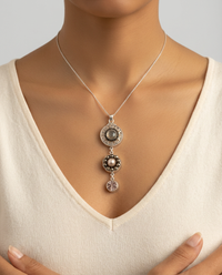Victorian Three Button Drop Necklace  set in Sterling Silver Pendant w/ labradorite Stone necklace — worn on model