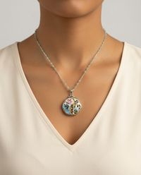 Victorian Blue Enamel Button set in sterling silver Pendant w/ Amazonite Stone Rosary Accent — worn on model