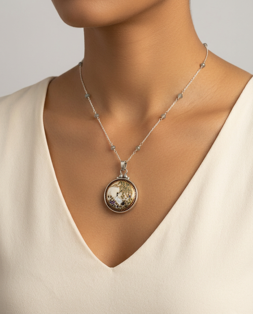 Satsuma hand painted Porcelain Bird image Button Accented w/24K gold paint set in Sterling silver pendant w/ Labradorite stone rosary accent — worn on model