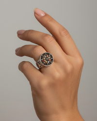 Victorian Lacy Glass Button set in Sterling Silver Ring Design Size 7.5 — worn on model