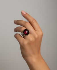 Victorian Facet Red Domed Glass in Metal Button set in Sterling Silver Ring Size 7.5 — worn on model