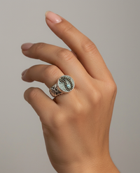 Victorian Czech Paisley Glass Button set in Sterling Silver Ring Size 7 — worn on model