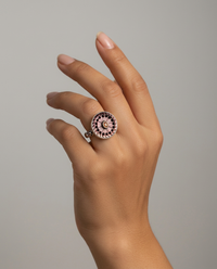 Victorian Carved Shell Pearl Button w/ Facet Tourmaline Center set in sterling Silver Ring Size 8 — worn on model