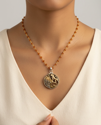 Victorian Picture Metal Button Lion w/ Steel Facet Accent Shield set in Sterling Silver Necklace w/ Rosary stone Accent — worn on model