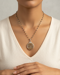 Victorian Picture Metal Button Insect Flying w/ Flowers set in Sterling Silver Necklace w/ Rosary stone Accen — worn on model