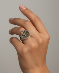 Victorian Picture metal Button image of Charriot & Rider set in sterling silver ring Size 7 — worn on model