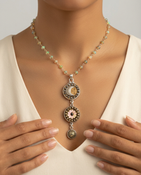 Victorian Triple Antique Button Drop Necklace set in Sterling Silver w/ Labradorite Facet Necklace — worn on model