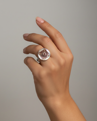 Victorian Carved Pearl Floral Button w/ Facet Tourmaline Center set in Sterling Silver Ring Size 7.5 — worn on model