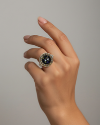 Victorian Hand Painted Floral Enamel w/ Steel Facet Button set in Sterling Silver Ring Size 7 — worn on model