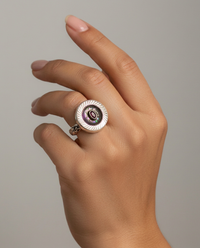 Victorian Carved Pearl w/ Ruby facet Center set in Sterling Silver Ring Size 7 — worn on model