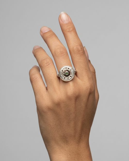 Carved Victorian Pearl w/ Steel facet accent &Tourmaline Center Ring Size 7.5 — worn on model