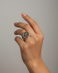 Man with Steel Facet Anchor Metal Button Ring Size 8 — worn on model