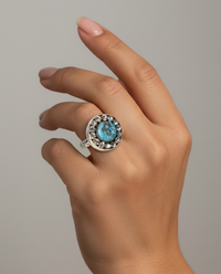 Blue Glass with Rhinestone Border Narrow band ring Size 7 — worn on model
