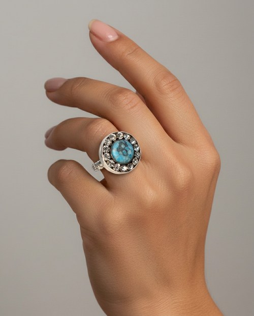 Blue Glass with Rhinestone Border Narrow band ring Size 7 — worn on model