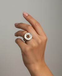 Carved Victorian Pearl with Citrine Facet Center Ring Size 7 — worn on model