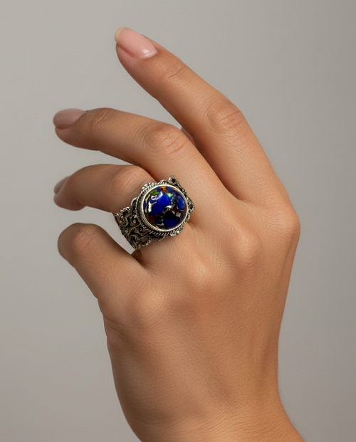 Antique Leo Popper Glass Button set in Filigree Sterling Silver Ring Size 7-1/4 — worn on model