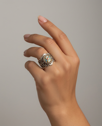 Antique Victorian Hand Painted Enamel Button set in Filigree Sterling Silver Ring Size 8 — worn on model