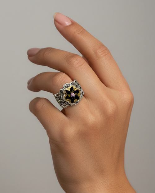 Antique Victorian Hand Painted Enamel Button set in Filigree Sterling Silver Ring Size 7 — worn on model