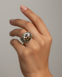 Antique Victorian Hand Painted Enamel Button set in Filigree Sterling Silver Ring Size 8 — worn on model
