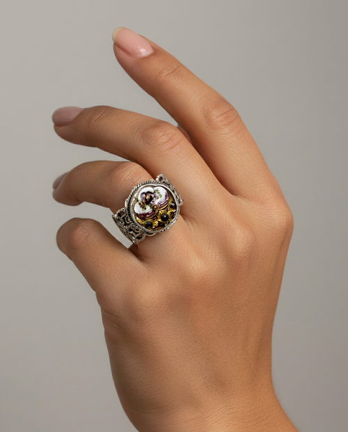 Antique Victorian Hand Painted Enamel Button set in Filigree Sterling Silver Ring Size 8 — worn on model